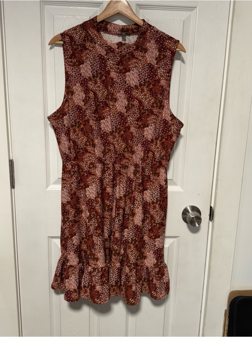 Lily Rose Sleeveless Rust and Pink Floral Ruffle-Hem Mini Dress